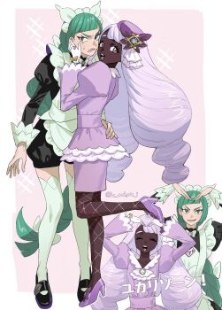 2girls ^_^ absurdres apron arms_up ascot black_romper black_shoes bow bowtie braid braided_ponytail brooch center_frills character_name clenched_teeth closed_eyes dark-skinned_female dark_skin dress fascinator fishnet_pantyhose fishnets frilled_ascot frills frown full_body glove_bow gloves green_hair hair_bow hand_on_another&#039;s_hip hands_on_another&#039;s_cheeks hands_on_another&#039;s_face hands_up heart_arms high_heels highres jacinthe_(pokemon) jewelry juliet_sleeves k_cdptj lebanne_(pokemon) long_hair long_sleeves looking_at_viewer low_drills maid_apron maid_headdress mary_janes master_and_servant multiple_girls multiple_hair_bows multiple_views nintendo open_mouth pantyhose parted_lips pokemon pokemon_legends:_z-a puffy_sleeves purple_dress purple_eyes purple_hair purple_shoes romper shoes smile standing standing_on_one_leg teeth thighhighs upper_teeth_only v-shaped_eyebrows very_dark_skin very_long_hair white_bow white_bowtie white_gloves white_thighhighs yellow_bow yuri