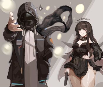 1girl 1other arknights black_dress black_hair commentary doctor_(arknights) dress english_commentary gun halo handgun highres holding holding_gun holding_weapon kinohara_kossuta long_hair meme panties smile throwing underwear virtuosa_(arknights) weapon woe_plague_be_upon_ye_(meme)