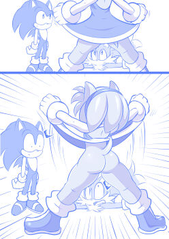 1girl 2boys :c :o absurdres amy_rose ass ass_focus back bare_legs boots bottomless bracelet bulma clothes_lift dragon_ball dress dress_lift flashing flashing_pussy fox furry gloves hair_ornament hairband hedgehog highres huge_ass jewelry legs medium_hair multiple_boys multiple_tails no_panties parody sega sheecktor shoes shota sonic_(series) sonic_the_hedgehog surprised tail tails_(sonic) two_tails