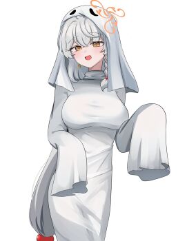 absurdly_long_hair blue_archive braid breasts costume earrings eri_(blue_archive) ghost_costume halloween halo headgear highres jewelry large_breasts long_hair orange_eyes ponytail sabnak66 sleeves_past_wrists solo very_long_hair