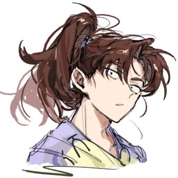 Rule 34 | 1boy, blue kimono, brown hair, commentary request, high ponytail, japanese clothes, kimono, long hair, looking at viewer, male focus, multicolored kimono, parted bangs, parted lips, ponytail, portrait, rakudai ninja rantarou, simple background, sketch, solo, tyoookozuki, upper body, white background, yamada rikichi