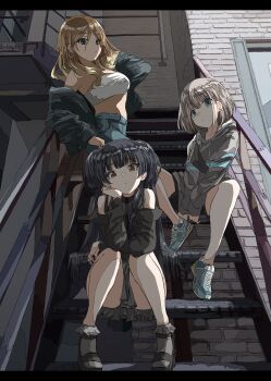 3girls :o absurdres against_railing bare_legs bare_shoulders black_eyes black_hair blonde_hair blue_eyes blunt_bangs brick_wall brown_eyes brown_hair cel_shading denim earrings frilled_legwear frilled_skirt frills gradient_hair gyaru highres hood hoodie hoop_earrings idolmaster idolmaster_shiny_colors izumi_mei jacket jeans jewelry leaning long_eyelashes long_hair looking_at_viewer mary_janes mayuzumi_fuyuko midriff miniskirt multicolored_hair multiple_girls off-shoulder_blouse off-shoulder_jacket off_shoulder outdoors pants railing serizawa_asahi shoes short_hair shorts sitting sitting_on_stairs skirt sneakers stairs strapless straylight_(idolmaster) tan tube_top urota_shimapann window