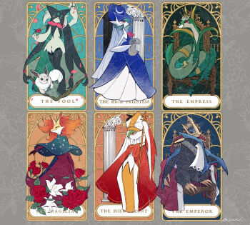 animal_ear_fluff animal_ears animal_hands animal_nose beak bird blue_eyes bob_cut body_fur bowl_cut brown_eyes capelet closed_mouth clothed_pokemon colored_skin crown delphox dress eevee empoleon fox_ears full_body furry furry_female gallade gardevoir gen_1_pokemon gen_3_pokemon gen_4_pokemon gen_5_pokemon gen_6_pokemon green_fur green_hair green_skin hair_over_one_eye half-closed_eyes highres looking_at_viewer meowscarada multicolored_fur multicolored_skin nintendo no_humans one_eye_covered penguin pokemon pokemon_(creature) red_eyes red_fur rendoll serperior short_hair snake snout solo standing tail tarot the_emperor_(tarot) the_empress_(tarot) the_fool_(tarot) the_hierophant_(tarot) the_high_priestess_(tarot) the_magician_(tarot) throne two-tone_fur two-tone_skin white_fur white_skin yellow_fur