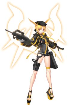 1girl assault_rifle belt beret black_gloves black_hat black_jacket black_leotard blonde_hair breasts bullpup cleavage fate/grand_order fate_(series) full_body gloves gun hat head_wings highleg highleg_leotard highres holster hood hooded_jacket jacket large_breasts leotard long_sleeves looking_at_viewer official_art open_clothes open_jacket open_mouth p90 personal_defense_weapon red_eyes rifle rindr_(fate) short_hair solo submachine_gun suppressor takeuchi_takashi thigh_strap thighs valkyrie_(fate) weapon wings