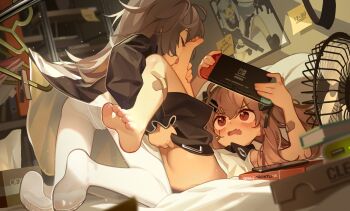 2girls alternate_costume ass assertive_female bandaid bandaid_on_leg barefoot black_dress black_shorts blush book brown_hair kodomo_doushi clothes_pull commentary_request dress electric_fan feet female_focus girls&#039;_frontline hair_ornament hairclip handheld_game_console highres indoors licking licking_foot loli long_hair long_sleeves lying multiple_girls nintendo_switch no_shoes official_alternate_costume on_back on_bed open_mouth panties panties_under_pantyhose pantyhose red_eyes scar scar_across_eye scar_on_face shorts skirt skirt_pull sleeveless soles tianliang_duohe_fangdongye toes tongue tongue_out ump45_(agent_lop_rabbit)_(girls&#039;_frontline) ump45_(girls&#039;_frontline) ump9_(girls&#039;_frontline) ump9_(shiba_investigator)_(girls&#039;_frontline) underwear undressing_another white_legwear white_panties yuri