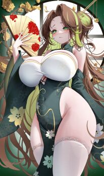 1girl bare_shoulders blush breasts brown_hair china_dress chinese_clothes cleavage clothing_cutout colored_inner_hair covered_navel cowboy_shot cutout_above_navel detached_sleeves dress erbium floral_print flower folding_fan green_eyes green_hair green_nails hair_bun hair_ornament hair_stick hand_fan hand_up highres holding holding_fan large_breasts long_hair long_sleeves looking_at_viewer multicolored_hair nail_polish no_panties original pelvic_curtain plant rose skindentation solo thighhighs thighs two-tone_hair very_long_hair vines white_thighhighs wide_sleeves
