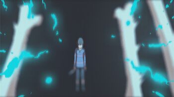 androgynous animated animated_gif animification battle bone bossmonsterbani brown_hair chara_(undertale) dark_persona evil_grin evil_smile fake_screenshot frisk_(undertale) gender_request glowing grin heart jewelry knife pendant red_eyes shirt shorts smile spoilers striped_clothes striped_shirt undertale utdr_(toby_fox)