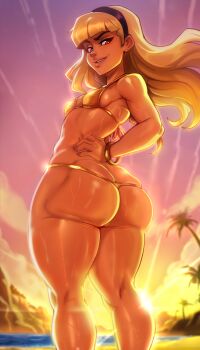 1girl absurdres ass bikini black_hairband blonde_hair bracelet breasts butt_crack child_(dc) dc_comics gold_bikini gold_bracelet hairband hand_on_own_hip highres jewelry looking_at_viewer looking_back outdoors palm_tree red_eyes relius_(reliusmax) small_breasts solo sunset swimsuit tree young_justice young_justice:_phantoms