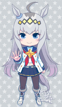 1girl animal_ears black_pantyhose blue_eyes blue_sailor_collar blue_skirt boots chibi chibi_only clenched_hand closed_mouth commentary_request full_body fur-trimmed_boots fur_trim grey_background grey_hair horse_ears horse_girl horse_tail long_hair long_sidelocks long_sleeves looking_at_viewer miniskirt mizuki_maya navel oguri_cap_(starlight_beat)_(umamusume) oguri_cap_(umamusume) open_hand pantyhose pleated_skirt sailor_collar shirt sidelocks signature skirt smile solo standing star_(symbol) star_symbol_background straight-on tail umamusume waving white_boots white_shirt