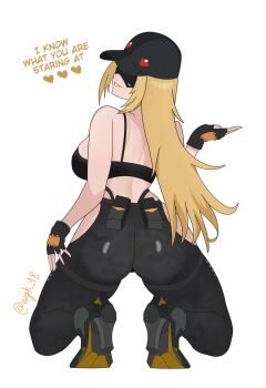1girl ass baseball_cap blindfold_mask blonde_hair camouflage commentary crop_top english_commentary english_text fingerless_gloves gloves hat heart highres kneeling long_hair mask pants solo trigger_(zenless_zone_zero) twitter_username wgh18 white_background zenless_zone_zero