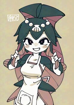 1girl apron blush brown_background chichibu_(watson) fins fish_girl grin hair_ornament head_fins looking_at_viewer minette_(skullgirls) shell shell_hair_ornament skullgirls smile solo upper_body