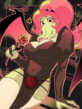 Rule 34 | 1girl, absurdres, bat wings, black dress, black thighhighs, breasts, colored skin, cthulhu mythos, dress, green skin, highres, large breasts, ln'eta, looking at viewer, monster girl, pink eyes, pink hair, reksukoy, solo, squid girl, sucker for love, sucker for love: first date, tentacle hair, tentacles, thighhighs, wings