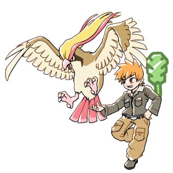 Rule 34 | 1boy, badge, badge (pokemon), bird, blue oak, bright pupils, brown pants, commentary request, earth badge, full body, gen 1 pokemon, grey jacket, grey shoes, grin, hand on own hip, jacket, long sleeves, male focus, nintendo, open mouth, orange hair, pants, pidgeot, pokemon, pokemon (creature), pokemon heartgold and soulsilver, red eyes, shoes, short hair, simple background, smile, spiked hair, standing, standing on one leg, thanks 0u0, white background, white pupils