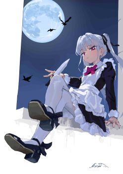 Rule 34 | 1girl, absurdres, apron, bird, black dress, black shoes, bow, bowtie, chinese commentary, closed mouth, commentary, crossed legs, crow, dress, frilled apron, frills, from below, full body, full moon, grey hair, hair ribbon, haoli mei an, highres, holding, holding knife, juliet sleeves, knife, long hair, long sleeves, looking at viewer, maid, maid apron, moon, night, original, pantyhose, pink bow, pink eyes, puffy sleeves, red eyes, ribbon, shoes, signature, sitting, sky, solo, twintails, white apron, white hair, white pantyhose