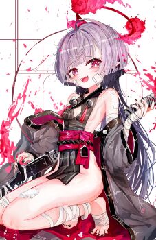 1girl :d a1u absurdres bandaged_arm bandaged_leg bandages bare_shoulders bell black_kimono black_nails blue_archive breasts cleavage_cutout clothing_cutout commentary diamond_cutout gauze gauze_on_cheek grey_hair halo highres holding japanese_clothes jingle_bell kimono long_hair looking_at_viewer nail_polish obi off_shoulder open_mouth pink_eyes pointy_ears red_halo revision sash seiza shuro_(blue_archive) sideless_outfit simple_background sitting small_breasts smile solo teeth toenail_polish toenails upper_teeth_only white_background