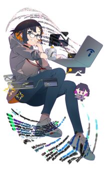 aqua_hair asymmetrical_bangs black-framed_eyewear black_choker black_hair choker clenched_teeth code colored_inner_hair commentary_request computer cup denim earrings full_body glasses grey_jacket grey_sleeves grin hand_on_own_chin highres jacket jeans jewelry laptop looking_at_viewer mug multicolored_hair name_tag neko_reset_(zutomayo) nira-chan nira-chan_(engineer)_(neko_reset)_(zutomayo) nira-chan_(obenkyou_shitoiteyo)_(zutomayo) obenkyou_shitoiteyo official_art open_clothes open_jacket orange_hair pants programming screen screentones shirt shoes short_hair simple_background sleeve_cuffs sleeves_pushed_up smile sneakers solo_focus sowichi sparkle streaked_hair teeth triangle_earrings two-sided_fabric two-sided_jacket two-tone_hair uniguri_(zutomayo) white_background white_footwear white_shirt zutto_mayonaka_de_ii_no_ni