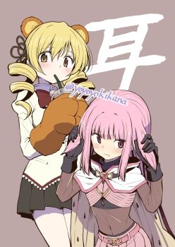 animal_ears animal_hands anime_coloring artist_name bear_ears belt belt_buckle black_gloves black_shirt black_shorts black_skirt blonde_hair blunt_bangs bodystocking bow bowtie brown_background brown_gloves buckle cloak closed_mouth collared_shirt commentary_request covered_navel crop_top cup disposable_cup dot_nose drill_hair drink drinking drinking_straw embarrassed fake_animal_ears flower_hairpin frown gloves gold_buckle hair_ears hair_over_shoulder hair_undone high_collar highres holding holding_drink holding_own_hair hood hood_down hooded_cloak juliet_sleeves lace lace-trimmed_shirt lace_trim layered_shirt light_blush long_hair long_sleeves magia_record:_mahou_shoujo_madoka_magica_gaiden magical_girl mahou_shoujo_madoka_magica mahou_shoujo_madoka_magica_(anime) mahou_shoujo_madoka_magica_magia_exedra miniskirt mitakihara_school_uniform paw_gloves pink_belt pink_eyes pink_hair pink_skirt pleated_skirt pocket puffy_sleeves red_bow red_bowtie school_uniform shirt shorts shorts_under_skirt simple_background skirt standing tamaki_iroha tareme tomoe_mami touyu_(yuruyuruto) turtleneck turtleneck_shirt twin_drills very_long_hair white_cloak yellow_eyes yellow_shirt