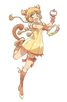 1girl :3 animal_ears anime_coloring arm_scrunchie blonde_hair bow bowtie braid breasts double_bun dress fingerless_gloves flat_chest flats fong_pudding full_body gloves hair_bun hair_ribbon hands_up holding holding_instrument instrument ishino_satoshi leg_up long_hair looking_at_viewer magical_girl mew_pudding monkey_tail official_art open_mouth orange_bow orange_eyes orange_gloves orange_ribbon orange_scrunchie orange_socks outstretched_arm ribbon scrunchie shoes simple_background smile socks solo standing standing_on_one_leg tail tambourine thigh_strap thighs tokyo_mew_mew tokyo_mew_mew_new transparent_background yellow_shoes
