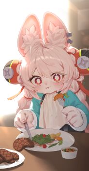1girl 2bmm2 absurdres ahoge animal_ear_fluff animal_ear_piercing animal_ears blush braid braided_twintails bright_pupils carrot claws commentary_request earrings eating food food_on_face fork furry furry_female green_shirt hair_ornament highres holding holding_fork holding_knife jewelry kitchen_knife knife long_hair looking_at_viewer pink_fur pink_hair plate rabbit_ears rabbit_girl red_eyes screw shirt short_eyebrows simple_background solo steak surprised sweat table thick_eyebrows tomato twintails vegetable white_pupils zenless_zone_zero zhao_(zenless_zone_zero)