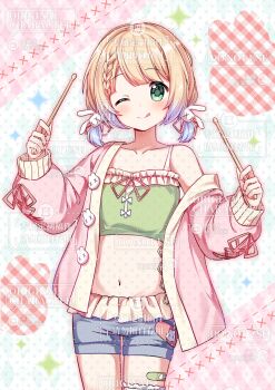 1girl ;q bandaid bandaid_on_leg blonde_hair blue_hair blue_shorts blush closed_mouth collarbone cowboy_shot crop_top cropped_shirt cross-laced_clothes cross-laced_sleeves drumsticks gradient_hair green_shirt hair_ornament highres holding holding_drumsticks jacket long_sleeves looking_at_viewer low_twintails midriff monu_xialuote multicolored_hair navel off_shoulder one_eye_closed open_clothes open_jacket original pink_jacket rabbit_hair_ornament shirt short_hair shorts single_bare_shoulder sleeveless sleeveless_shirt smile solo tongue tongue_out twintails two-tone_hair