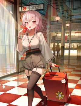 1girl absurdres belt black_thighhighs blush bracelet breasts brown_belt brown_shorts card cleavage collarbone commentary english_commentary fang full_body garter_straps hair_between_eyes highres holding holding_card holding_suitcase indoors jewelry long_sidelocks long_sleeves looking_at_viewer medium_breasts middle_eastern_architecture open_mouth original pink_hair red_eyes red_shoes rolling_suitcase shirt shoes short_hair shorts sidelocks sign slit_pupils smile sneakers solo suitcase tamago_nezumi tassel thick_eyebrows thighhighs tile_floor tiles walking white_shirt