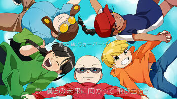 2girls 3boys ^_^ animification bald black_hair blue_eyes braid brown_eyes closed_eyes codename:_kids_next_door commentary_request dark_skin everyone glasses goggles green_eyes grin hat holding_hands hood hoodie interlocked_fingers long_hair long_sleeves multiple_boys multiple_girls numbuh_1 numbuh_2 numbuh_3 numbuh_4 numbuh_5 open_mouth parted_lips sky sleeves_past_wrists smile t_k_g translation_request