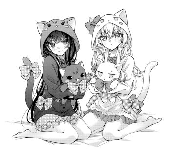 2girls :3 alisa_mikhailovna_kujou animal_hood blush bow bowtie closed_mouth commentary crossed_bangs greyscale hair_between_eyes highres holding holding_stuffed_toy hood hood_up long_hair looking_at_viewer monochrome multiple_girls official_art simple_background smile stuffed_animal stuffed_toy suou_yuki symbol-only_commentary tail tail_bow tail_ornament tail_raised tenacitysaho tokidoki_bosotto_roshia-go_de_dereru_tonari_no_alya-san white_background