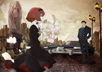 1boy 1girl 8day bad_id black_hair bob_cut bouquet brown_hair car city fence flower formal_clothes lamppost motor_vehicle pale_skin petals r_dorothy_wayneright roger_smith rose sepia short_hair standing statue suit the_big_o white_flower white_rose