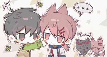 ... 2boys :3 alternate_costume alternate_hairstyle animification brown_eyes brown_hair cat chibi chibi_only chibikemo edd_(eddsworld) eddsworld eyewear_on_head fox frown furrification furry glasses hair_between_eyes hair_ears hair_ornament hairclip hood hood_down hoodie long_sleeves male_focus multiple_boys necktie outline person_and_furrification ponytail short_hair short_ponytail spoken_ellipsis sweater_vest tord_(eddsworld) upper_body white_outline yunian77