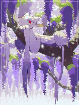 branch claws flower fukkatsu_no_maya full_body gen_5_pokemon highres leaf mienshao nintendo on_branch pokemon pokemon_(creature) pokemon_focus purple_fur red_eyes snout solo tree two-tone_fur white_fur