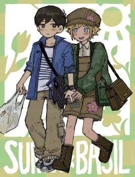 2boys antenna_hair bag bag_charm basil_(birthday)_(omori) basil_(faraway)_(omori) basil_(omori) black_bag black_eyes black_hair blonde_hair blue_eyes blue_jacket blush boots bright_pupils brown_bag brown_boots brown_hat brown_overalls brown_pants cardigan character_bag character_charm character_sticker charm_(object) closed_mouth collarbone collared_jacket collared_shirt commentary_request denim denim_jacket double-parted_bangs expressionless green_cardigan hair_between_eyes handheld_game_console hat hector_(omori) highres holding holding_bag holding_hands jacket lace-up_boots long_sleeves looking_at_another male_focus mewo multiple_boys newsboy_cap official_alternate_costume omori open_cardigan open_clothes overall_shorts overalls pants plastic_bag shirt shoes short-sleeved_jacket short_hair short_sleeves sidelocks smile sneakers something_(omori) sticker sunny_(birthday)_(omori) sunny_(omori) t-shirt tamponade watch white_pupils white_shirt wristwatch yaoi