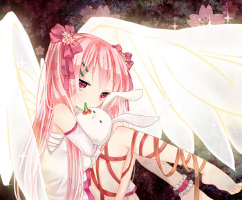 1girl ankle_garter ankle_lace-up bad_id bad_pixiv_id barefoot cherry feet female_focus food fruit greenpeace hair_ribbon hatsune_miku mouth_hold pink_eyes pink_hair rabbit ribbon sakura_miku sitting solo stuffed_animal stuffed_toy vocaloid wings