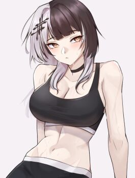 Rule 34 | 1girl, alternate costume, black choker, black hair, black sports bra, breasts, choker, highres, hololive, hololive english, large breasts, long hair, multicolored hair, navel, nurizza ilst, shiori novella, simple background, solo, split-color hair, sports bra, sweat, two-tone hair, very sweaty, virtual youtuber, white background, white hair, yellow eyes