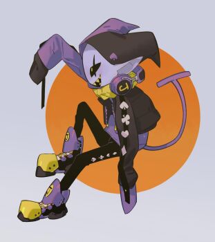1boy ace_(playing_card) ace_of_diamonds ace_of_hearts ace_of_spades adapted_costume allhailjotman arm_at_side asymmetrical_gloves black_gloves black_jacket black_pants black_sclera blue_skin card clown clown_boy colored_sclera colored_skin colored_teeth commentary deltarune diamond_(shape) full_body gloves hand_up hat headphones headphones_around_neck heart invisible_chair jacket jester jester_boy jester_cap jevil knee_up long_sleeves male_focus mismatched_gloves neck_ruff open_clothes open_jacket pants playing_card profile purple_footwear purple_gloves purple_shirt purple_tail scar scar_across_eye scar_on_face sharp_teeth shirt simple_background sitting solo spade_(shape) symbol-only_commentary teeth utdr_(toby_fox) yellow_eyes yellow_teeth