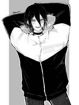 1girl arms_behind_head arms_up chainsaw_man choker commentary_request greyscale hair_between_eyes hair_bun highres jacket looking_at_viewer madaosw medium_hair monochrome pants reze_(chainsaw_man) solo twitter_username