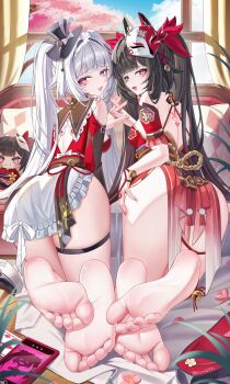 2girls :q absurdres barefoot black_hair feet highres honkai:_star_rail honkai_(series) interlocked_fingers jndfh light_blush long_hair looking_at_viewer looking_back multiple_girls parted_lips pink_eyes shoes soles sparkle_(honkai:_star_rail) sparxie_(honkai:_star_rail) toes tongue tongue_out twintails unworn_shoes white_hair