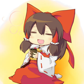 1girl :d =_= araco blush bow brown_hair chibi closed_eyes contrast_collar cup detached_sleeves frilled_hair_tubes frilled_shirt_collar frills hair_bow hair_tubes hakurei_reimu happy holding holding_cup large_bow lowres medium_hair open_mouth orange_background red_bow red_shirt red_skirt relaxing ribbon-trimmed_sleeves ribbon_trim seiza shirt sitting skirt smile socks solo tea touhou white_sleeves white_socks yunomi