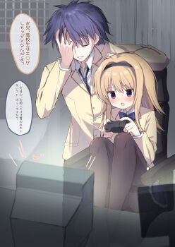 1boy 1girl absurdres black_hairband black_pantyhose blonde_hair blue_bow blue_bowtie blue_hair blue_skirt bow bowtie chaos;head character_request closed_eyes controller facepalm game_controller hairband highres holding holding_controller holding_game_controller jacket long_hair miniskirt open_mouth pantyhose parted_lips playing purple_eyes school_uniform science_adventure shirt short_hair skirt takepoison thighband_pantyhose white_shirt yellow_jacket