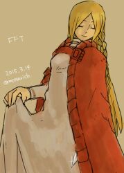 Rule 34 | 1girl, blonde hair, braid, brown background, closed eyes, copyright name, dated, dress, feet out of frame, final fantasy, final fantasy tactics, holding, holding clothes, holding dress, knife, mossarish, ovelia atkascha, red robe, robe, smile, solo, twitter username, white dress