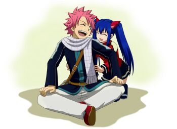 Rule 34 | 1boy, 1girl, bad id, bad pixiv id, blue hair, bluesnowcat, closed eyes, fairy tail, hair ornament, long hair, natsu dragneel, one eye closed, pink hair, scarf, short hair, spiked hair, tickling, tickling sides, twintails, wendy marvell, white scarf