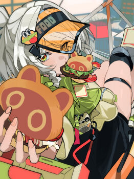 1girl alternate_costume anby_demara anby_demara_(operation_yum_2025) black_shorts braid braided_sidelock burger burger_hair_ornament chair commentary_request food food-themed_hair_ornament frilled_shirt frills green_shirt hair_intakes hair_ornament highres holding holding_burger holding_food incoming_gift indoors jizaier knee_pads looking_at_viewer on_chair orange_eyes shirt short_hair shorts single_knee_pad sitting skindentation socks solo thigh_strap visor_cap white_socks zenless_zone_zero