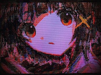 1girl brown_hair hair_ornament hairclip head_only highres iwakura_lain kaikanaaaaa open_mouth pale_skin pixel_art red_eyes serial_experiments_lain short_hair
