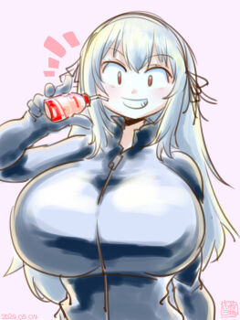 1girl alternate_breast_size_(larger) alternate_costume black_ribbon bodysuit breasts commentary_request grey_bodysuit grey_hair grin hair_ribbon highres huge_breasts itini-sanshi lactic_acid_bacteria long_hair looking_at_viewer notice_lines purple_background red_eyes ribbon rozen_maiden simple_background smile solo suigintou upper_body