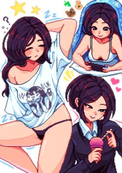 1girl ? absurdres animal_crossing artist_self-insert black_eyes black_hair black_panties black_sweater blush breasts closed_eyes collarbone commentary english_commentary frown furry furry_male handheld_game_console heart highres holding holding_handheld_game_console holding_ice_cream_cone ice_cream_cone long_hair medium_breasts nintendo nintendo_switch no_pants off_shoulder original panties pixel_art raccoon_boy shirt simple_background smile star_(symbol) sweater t-shirt tank_top tom_nook_(animal_crossing) underwear white_background white_shirt white_tank_top yumykon yumykon_(yumykon)