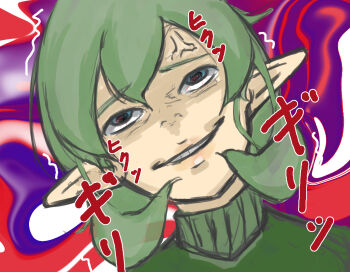 Rule 34 | anger vein, bloodshot eyes, blue eyes, close-up, crazy smile, furrowed brow, green hair, green sweater, high collar, messy hair, nintendo, noharatoshiro, nostrils, parted bangs, parted lips, pointy ears, portrait, saria (zelda), shaded face, short hair, sketch, smile, sweater, the legend of zelda, the legend of zelda: ocarina of time, trembling, upturned eyes, yandere