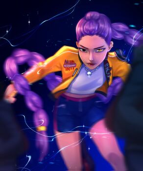 Rule 34 | 1girl, braid, braided ponytail, brown eyes, closed mouth, commentary, cropped jacket, eyeshadow, heterochromia, highres, hungry allen, jacket, jewelry, kpop demon hunters, makeup, necklace, purple hair, rumi (kpop demon hunters), shorts, yellow eyes, yellow jacket