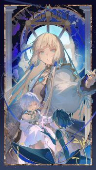 3boys absurdres bare_shoulders belly_chain bird black_hair black_robe black_shirt black_shrug blonde_hair blue_hair boat brooch center_opening choker dove_(fate) elephant fate/grand_order fate_(series) giraffe gold_trim green_eyes grey_eyes grey_hair hair_between_eyes hair_intakes highres jewelry kamome_umitsuki lion long_hair long_sleeves looking_at_viewer multicolored_hair multiple_boys navel neck_ring necklace noah_(fate) parted_bangs pink_hair raven_(fate) ring robe sash shirt short_hair shrug_(clothing) sleeves_past_fingers sleeves_past_wrists smile two-tone_hair very_long_hair watercraft white_robe white_shirt white_sleeves