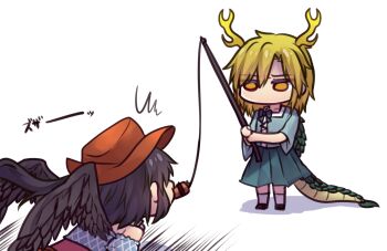 Rule 34 | 2girls, antlers, bare shoulders, black hair, black shoes, blonde hair, blue bow, blue dress, blue shirt, blue skirt, blue sleeves, bow, brown dress, brown hat, carrot, chibi, commentary request, cowboy hat, dragon tail, dress, eating, eyes visible through hair, feathered wings, food, hair between eyes, hands up, hat, horns, kicchou yachie, kurokoma saki, long sleeves, looking at another, lying, multicolored dress, multiple girls, no mouth, off shoulder, one-hour drawing challenge, pink dress, puffy short sleeves, puffy sleeves, shirt, shoes, short hair, short sleeves, simple background, skirt, socks, standing, tail, touhou, unime seaflower, white background, white socks, wings, yellow eyes