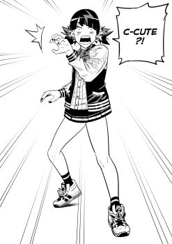 Rule 34 | 1girl, absurdres, blunt bangs, commentary, coqui saporana, diagonal bangs, emphasis lines, english commentary, fingernails, full body, highres, jacket, medium hair, miniskirt, multicolored hair, nail polish, open clothes, open jacket, open mouth, rummy &amp; coqui, sharp teeth, shirt, shoes, simple background, skirt, socks, solo, speech bubble, standing, streaked hair, surprised, teeth, twintails, vduelist1, virtual youtuber, white background