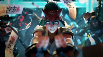 1boy 2girls 3d absurdres brigitte_(overwatch) cassidy_(overwatch) clenched_teeth facial_mark fingerless_gloves fox_mask gloves green_eyes green_hair half_mask highres ingyuarts kiriko_(overwatch) looking_at_viewer mask multiple_girls ninja ofuda overwatch teeth